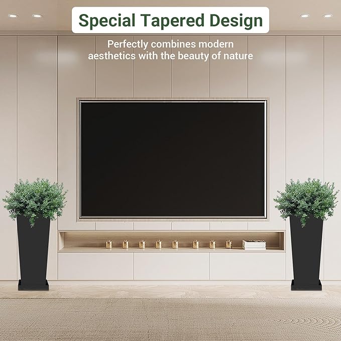 24 inch Metal Tall Planters Set of 2, Durable Taper Planter with Drainage Holes & Insert Shelves & Trays for Outdoor Indoor Garden Patio Front Door