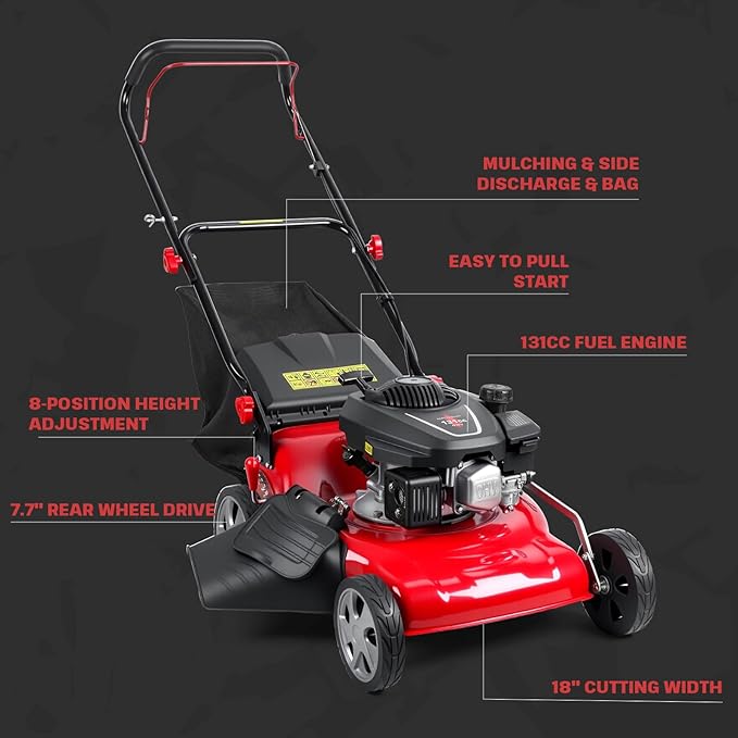 3-in-1 Self-Propelled Lawn Mower, 131cc Walk Behind Gas Lawn Mower with 50l Grass Catcher, Adjustable Cutting Height (25-75mm), Pushmower for Easy Maneuvering, Small to Medium Lawns (Red) - Image 4
