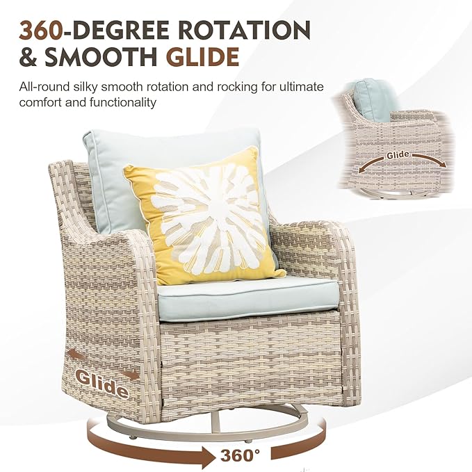 MEISSALIVVE 3 Pieces Patio Furniture Set with Swivel Chair, Outdoor Swivel Rocker with Washable Cushions & Tempered Glass Tabletop, Outdoor Rattan Conversation Set for Lawn Backyard Porch (Blue)