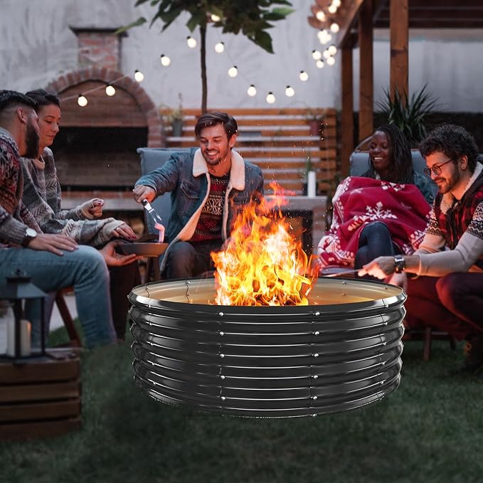 YSEJOMP 48 Inch Round Galvanized Fire Pit Ring/Fire Ring - Foldable and Perfect for Outdoor Gatherings and Campfires in The Yard/Garden/Park/Beach (Black+Gray, 4 FT Diameter+1.5 FT Tall) - Image 2