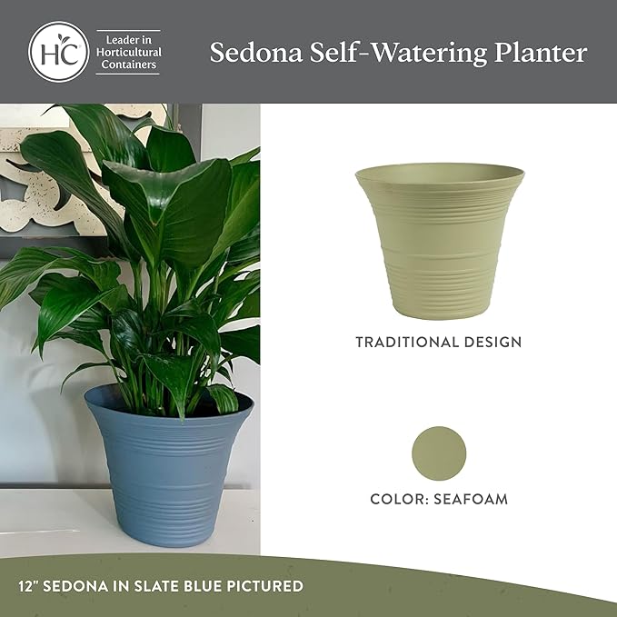The HC Companies 7 Inch Sedona Round Self Watering Planter Pots, Lightweight UV-Resistant Plastic Indoor & Outdoor Planters, 4-Pack Flower Pots for Garden & Home Decor, Seafoam