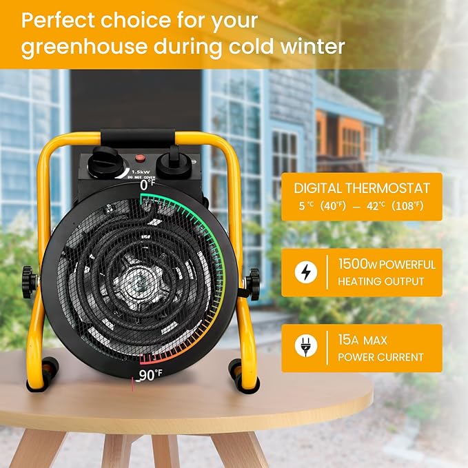 Greenhouse Heater with Digital Thermostat, Grow Tent Heaters, Overheat Protection, Fast Heating for Green House, Flower Room, Yellow-Black