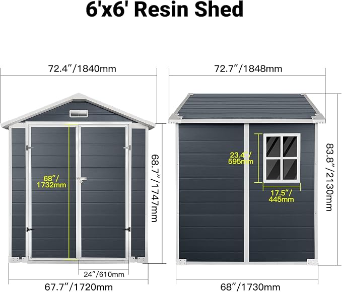 YOPTO 6x6 FT Storage Shed,Plastic Outdoor Storage Shed with Floor and Lockable Door,Waterproof Garden Shed W/Windows & Vents,Sloped Roof,Tool House for Storing Bicycles,Lawnmowers,Cold Grey - Image 5
