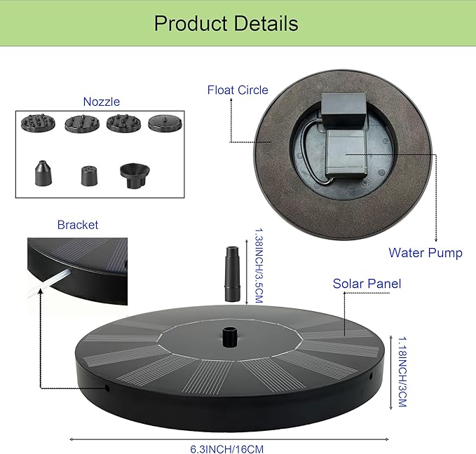 Solar Bird Bath Fountain,1.4W Solar Fountain Pump with 6 Nozzles, Free Standing Floating Solar Powered Water Fountains Pump for Bird Bath, Garden, Pond, Outdoor Decoration