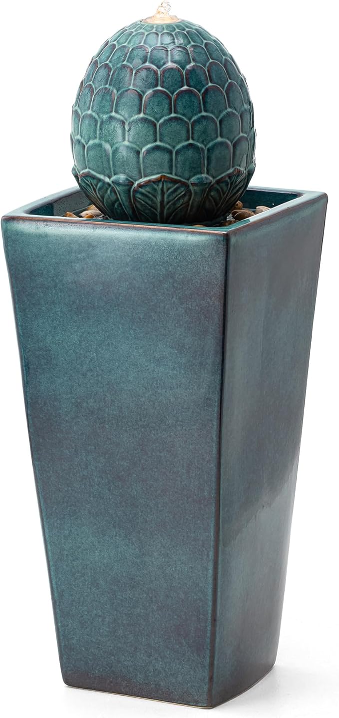 Glitzhome 35.75" H Tall Ceramic Outdoor Water Fountain with LED Light Oversized Artichoke Pedestal Fountains with Submersible Pump Patio Fountain Waterfall for Garden Patio Deck Porch, Turquoise