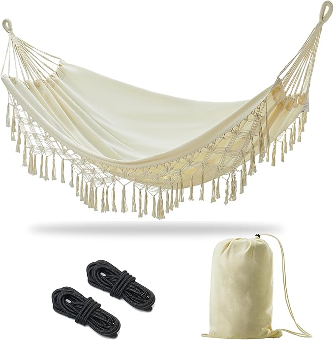 JoyView Boho Macrame Double Hammock with Hanging Ropes & Elegant Tassels 86.6x59 Portable Cotton Hammock for Patio Backyard Porch 450LBS Weight Capacity Perfect for Outdoor/Indoor - Beige Color by JoyView