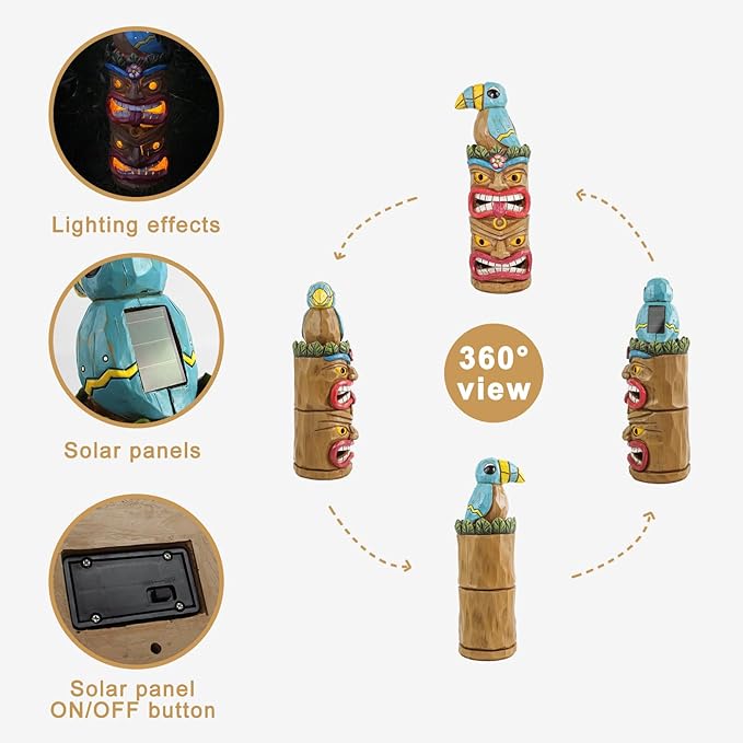 Tiki Statue Totem Pole Decor- 12.32 inch Tall Solar Powered Garden Figurine Tiki Decorations for Tiki Bar Outdoor Patio Balcony Lawn Yard Backyard