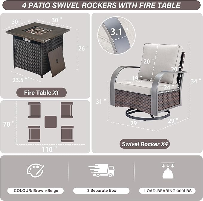Belord 5 Pieces Patio Furniture Set with Fire Pit Table - 4 Outdoor Swivel Rocker Chairs with 50000 BTU Propane Fire Pit Table, Patio Conversation Sets for Outside Backyard Patio Casual Gathering
