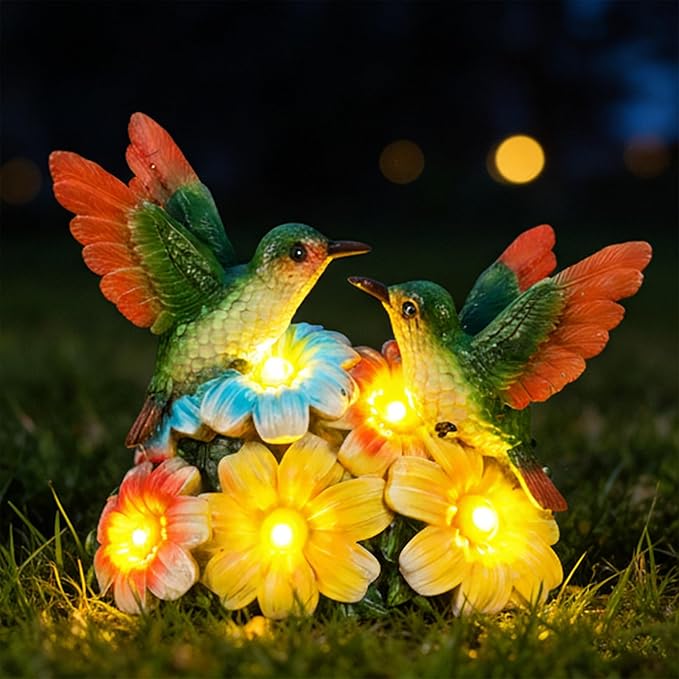 Solar Hummingbird Garden Statues 5.9" Resin Hummingbird Figurine Waterproof Bird Solar Lights Outdoor Yard Patio Decor Lawn Ornaments Unique Housewarming Birthday Gifts for Women Mom Grandma
