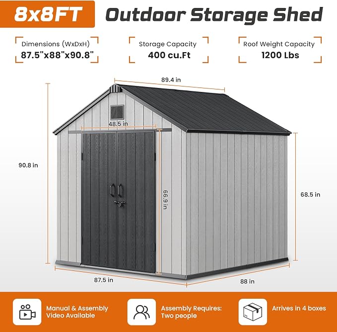 Jocoevol Outdoor Storage Shed, 8x8FT Resin Shed with Floor/Windows/Lockable Door/Vents, 15mm Thickened Heavy Duty All-Weather Garden Tool Shed for Backyard, Patio, Lawn, Gray - Image 2