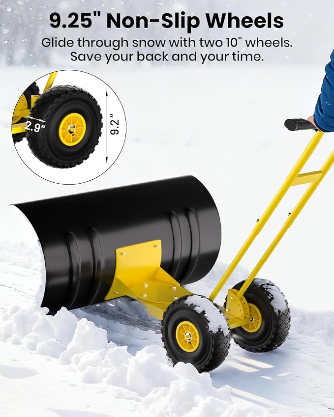 GarveeLife 29.5" Wide Heavy Duty Snow Pusher with Wheels for Driveway, Steel Blade, 7-Position Adjustable Angle, 60° Tilt Handle, Ergonomic Push Snow Shovel with Ground Protection - Image 4
