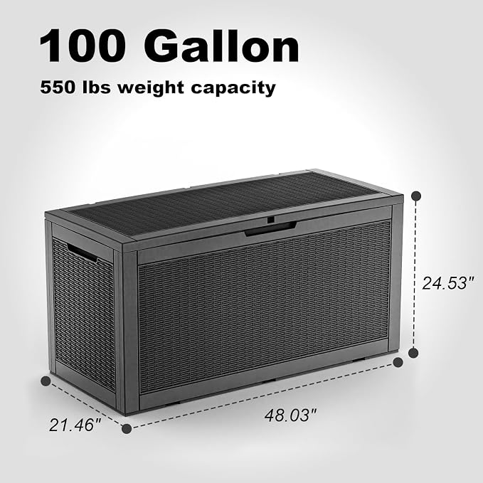 PatioZen 100 Gallon Resin Deck Box, Lockable Patio Outdoor Storage Box for Furniture, Garden Tools and Tools Storage, Waterproof Outside Storage Boxes - Black - Image 2