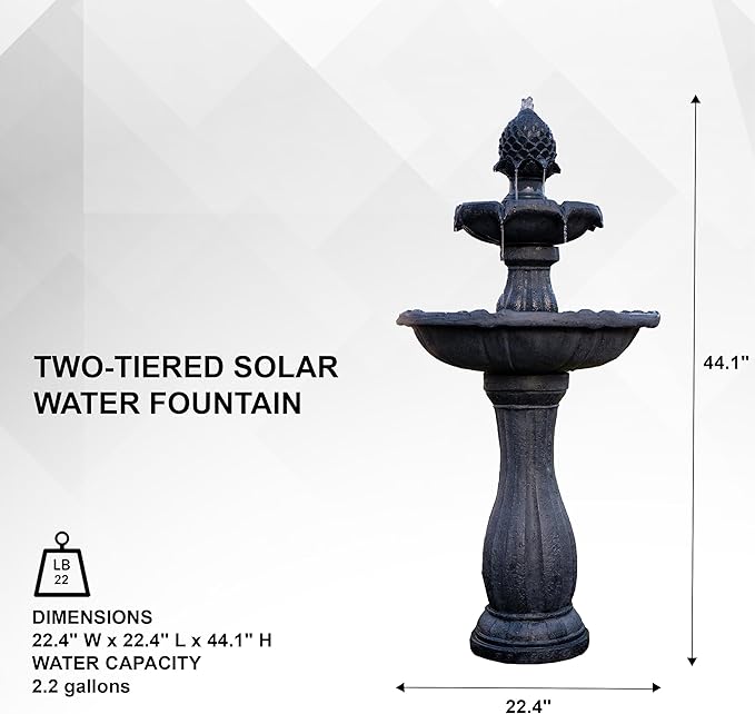 XBrand 44" Solar Powered 2-Tier Outdoor Water Fountain, Fiberglass Resin Fountain with Solar Panel and Auto Shut-Off Pump, Black