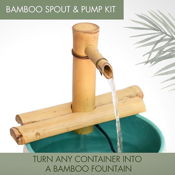 7” Bamboo Fountain Kit – Adjustable Half Round Spout with Quiet Pump for Indoor/Outdoor Bowl Fountains – Container Not Included | Small Natural Bamboo Water Feature for Zen Décor & Home Relaxation