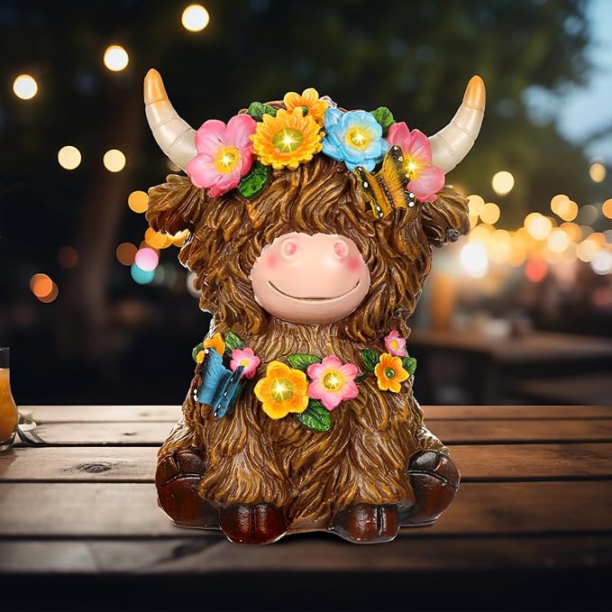 Highland Cow Resin Figurine Highland Cow Statue Christmas Outdoor Decor with Flower for Patio, Yard, Gift for Mom, Calf Gnome Herd Lovers (Classic)