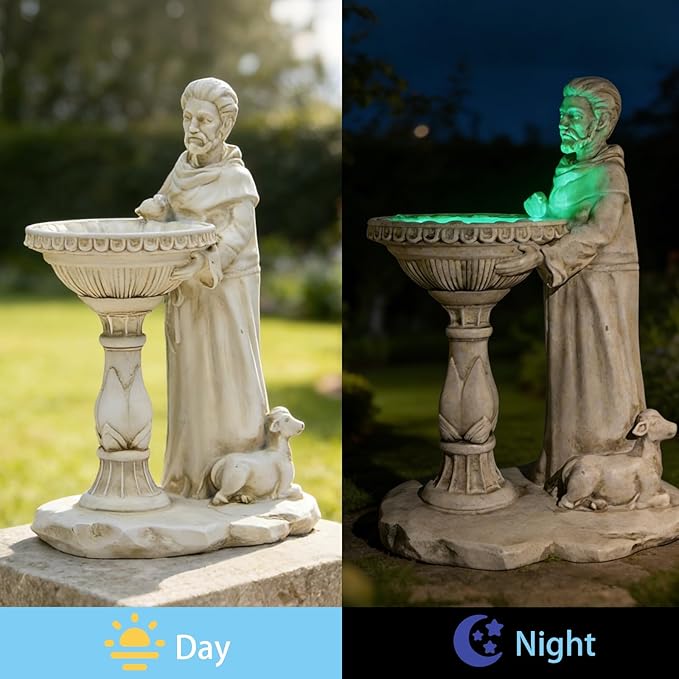St Francis Garden Statue Outdoor Solar Garden Decor Resin Colorful Lights St Francis Statue with Bird Bath Feeder for Yard Patio Lawn Decoration Religious Gardening Gifts 4.5 * 6.5 * 10.5 in
