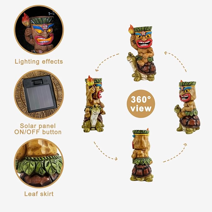 Tiki Outdoor Statue with Turtle Decor - Solar Powered Garden Figurine Tiki Art for Tiki Bar,Backyard,Garden,Yard,Flowerbed,Walkway,Patio,Lawn,Porch Decorations,Gifts