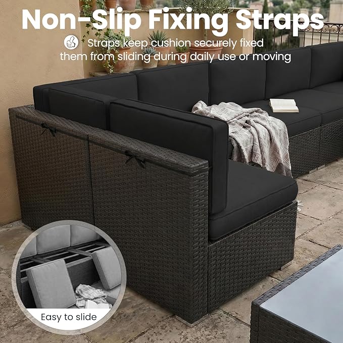 8 Pieces Patio Furniture Set with 44" Propane Gas Fire Pit Table, Outdoor Sectional Wicker Conversation Sofa Sets with Coffee Table