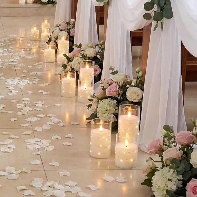 Homemory Flameless Candles with Embedded Star String Fairy Lights, Battery Operated Candles, LED Candle, Fake Candles with Remote Control and Timer, White, Set of 3(H 4" 5" 6?€?)