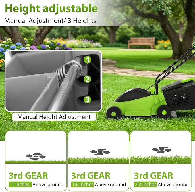 ‌FDW 13-Inch Electric Corded Push Lawn Mower - 12 Amp Motor, 3-Position Height Adjustment, Dethatcher Function & Grass Collection Box - Image 5