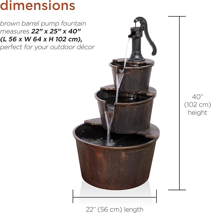 Alpine Corporation 40" Tall Outdoor Floor Tiered Rustic Pump and Barrel Water Fountain, Old-Fashioned Waterfall for Garden, Patio, Yard Decor, Dark Brown