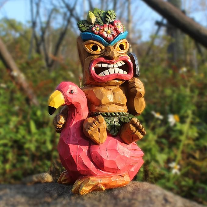 Tiki Outdoor Statue with Flamingos Decor - Solar Powered Garden Figurine Tiki Art for Tiki Bar,Backyard,Garden,Yard,Flowerbed,Walkway,Patio,Lawn,Porch Decorations,Gifts