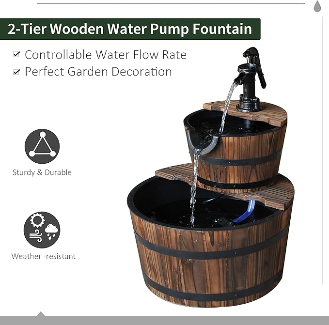 Outsunny Wood Freestanding Fountain with 2 Tier Waterfall Barrel, Electric Pump for Garden Decor, Lawn, Backyard