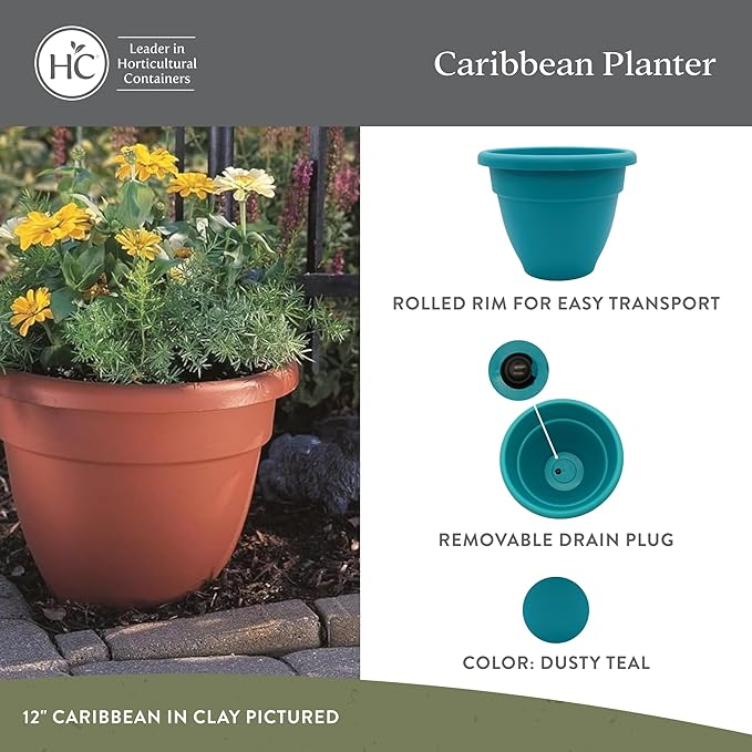 The HC Companies 12 Inch Caribbean Planter Pots with Drainage & Plug, Rolled Rim Plastic Planters for Indoor & Outdoor Plants, 2-Pack Decorative Flower Pots for Garden, Office & Home Decor, Dusty Teal