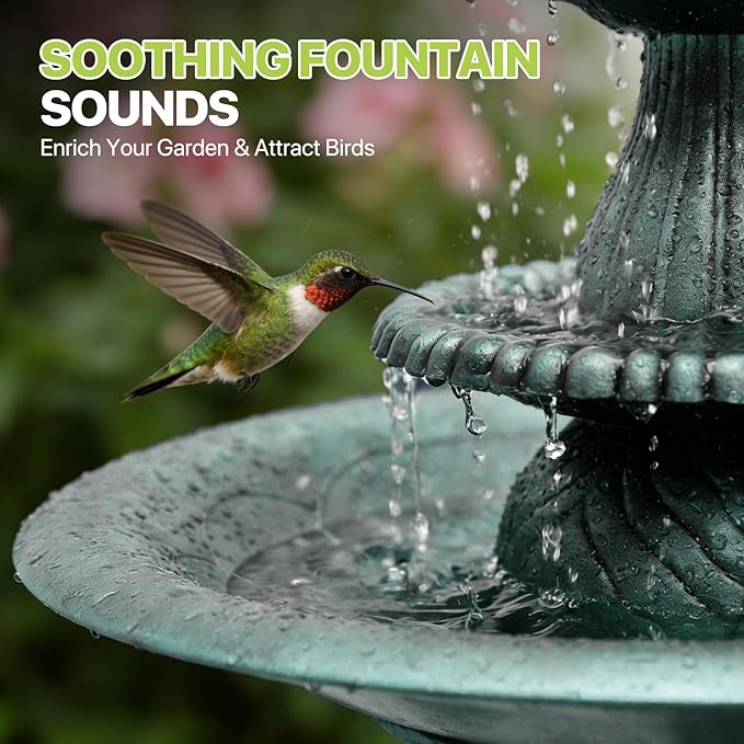 Magshion 37" Tall 3-Tier Outdoor Water Fountain, Pedestal Bird Bath for Outside, Cascading Water Feature and Birdbath for Garden, Patio, Deck, and Backyard, 1.3-Gallon (5L) Capacity, Green