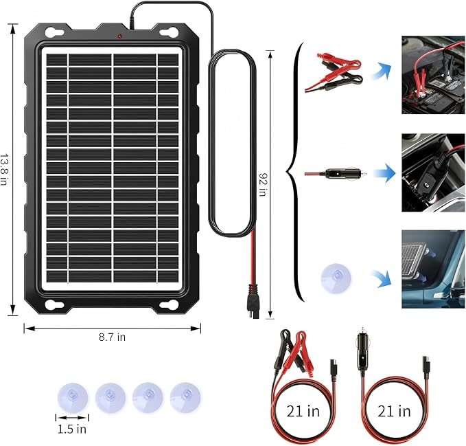 POWOXI-9W-Solar-Battery-Trickle-Charger-Maintainer -12V Portable Waterproof Solar Panel Trickle Charging Kit for Car, Motorcycle, Boat, Marine, RV, Trailer, Powersports, Snowmobile, etc. - Image 7