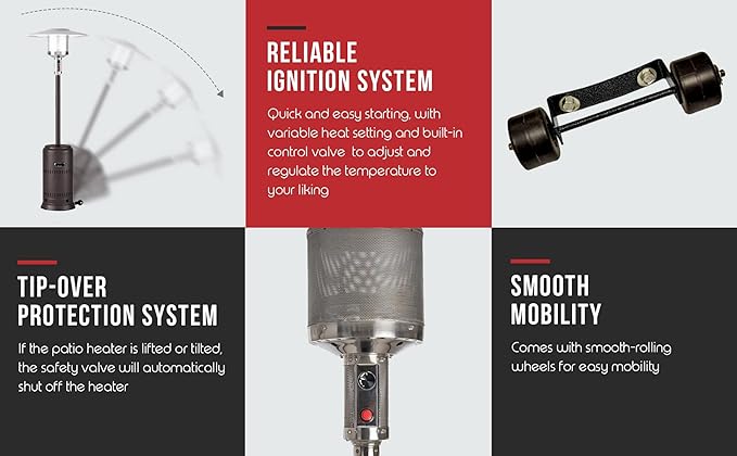 Fire Sense 63717 Performance Series Patio Heater With Wheels 46,000 BTU Output Electronic Ignition System Portable Outdoor Propane Heater For Residential - Espresso