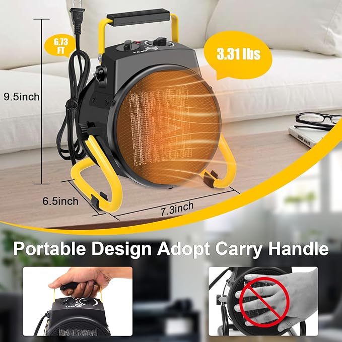 1500W Portable Garage Heater, Electric Outdoor Heater with Fast Heating & Overheat Protection, Patio and Greenhouse Space Heater for Indoor or Outdoor Use（Black）