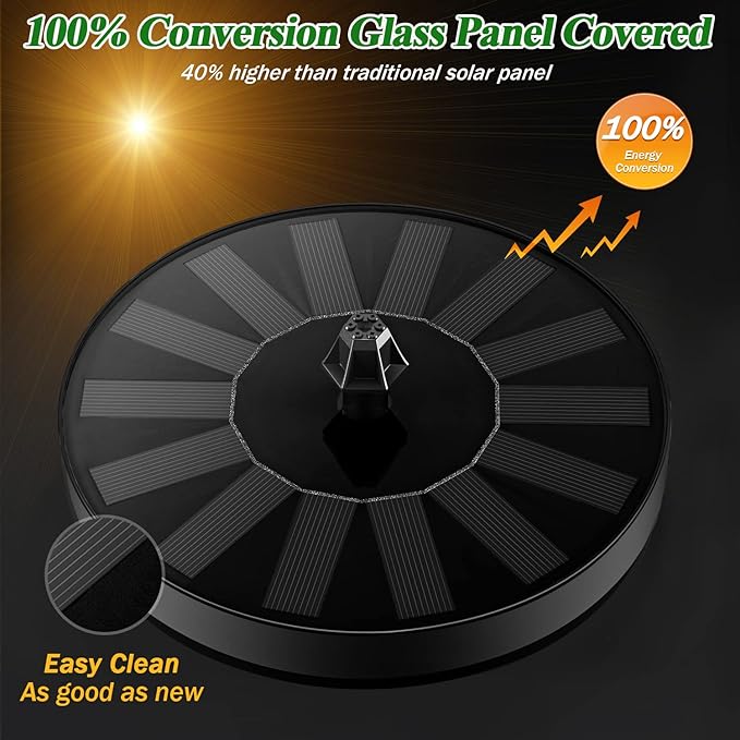Solar Fountain 100% Glass Covered, Solar Powered Hummingbird Water Fountain, Outdoor Bird Bath Fountain Pump with 8 Nozzles & 4 Fixers for Garden, Pond, Pool, Fish Tank Decoration