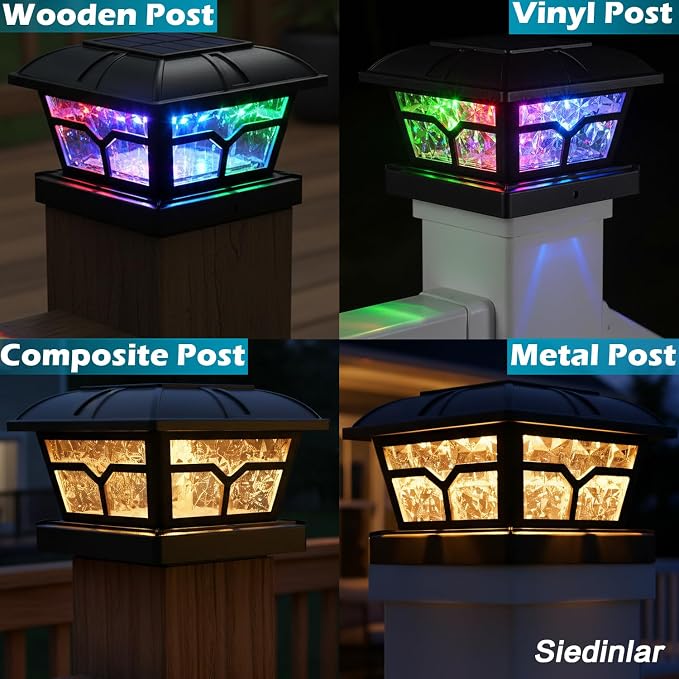SIEDiNLAR Solar Post Cap Lights Outdoor 2 Color Modes for 4x4 5x5 6x6 Wooden Vinyl Posts Fence Deck Patio Decoration RGB Color Changing/Warm White Lighting Black (6 Pack) - Image 3
