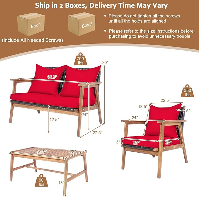 Tangkula 4-Piece Patio Furniture Set, Outdoor Acacia Wood Conversation Set with Cushions and Coffee Table, Outdoor PE Wicker Sectional Sofa Set for Garden, Poolside and Backyard (1, Red)