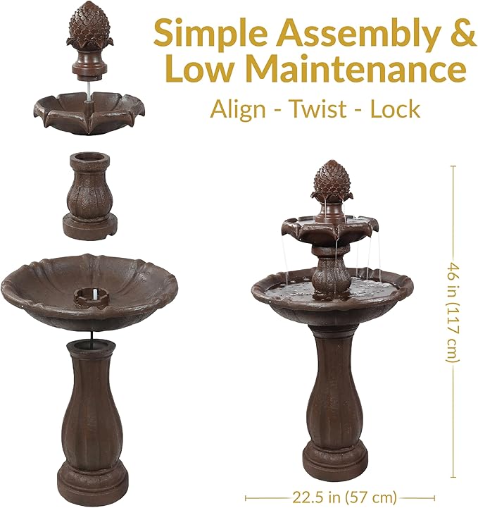 Sunnydaze Pineapple 46-Inch 2-Tier Outdoor Solar Fountain - Decorative Water Fountain with Pump for Garden, Patio, Yard or Balcony - Rust Finish
