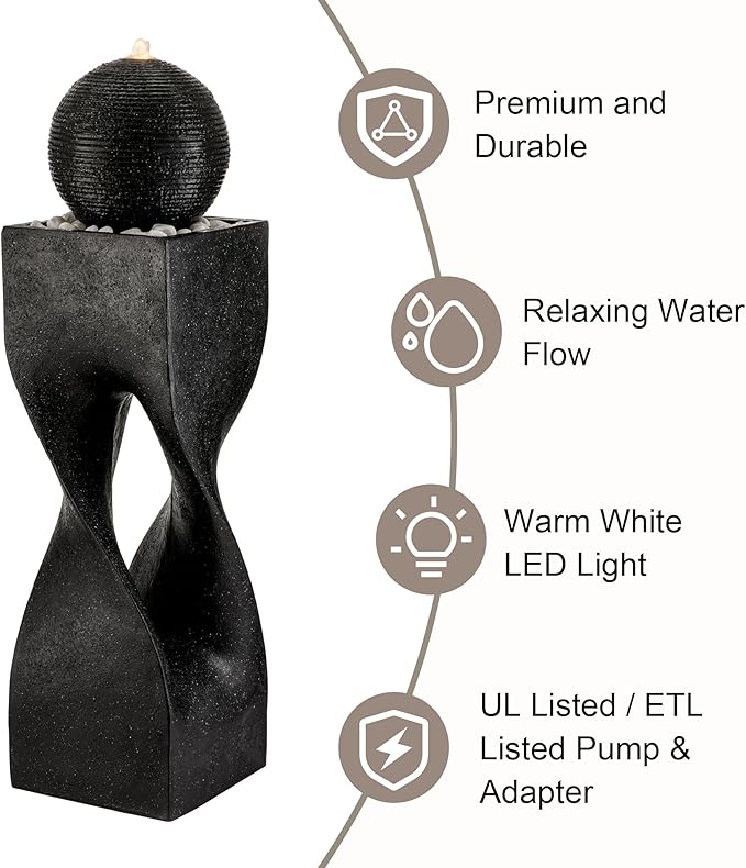 Glitzhome Water Fountain Outdoor, Outdoor Fountain with Lights, 40.5" H Modern Large Geometric Pedestal and Sphere Polyresin Outdoor Water Feature with Pump for Garden, Patio, Backyard, Porch (Black)