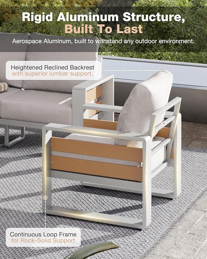 Aoxun Aluminum Patio Furniture Set with Fire Pit Table, 4 Piece Luxury Outdoor Sectional with 6" Olefin Fabric Cushions, Patio Conversation Sets with Waterproof Cover for Backyard, Porch Grey