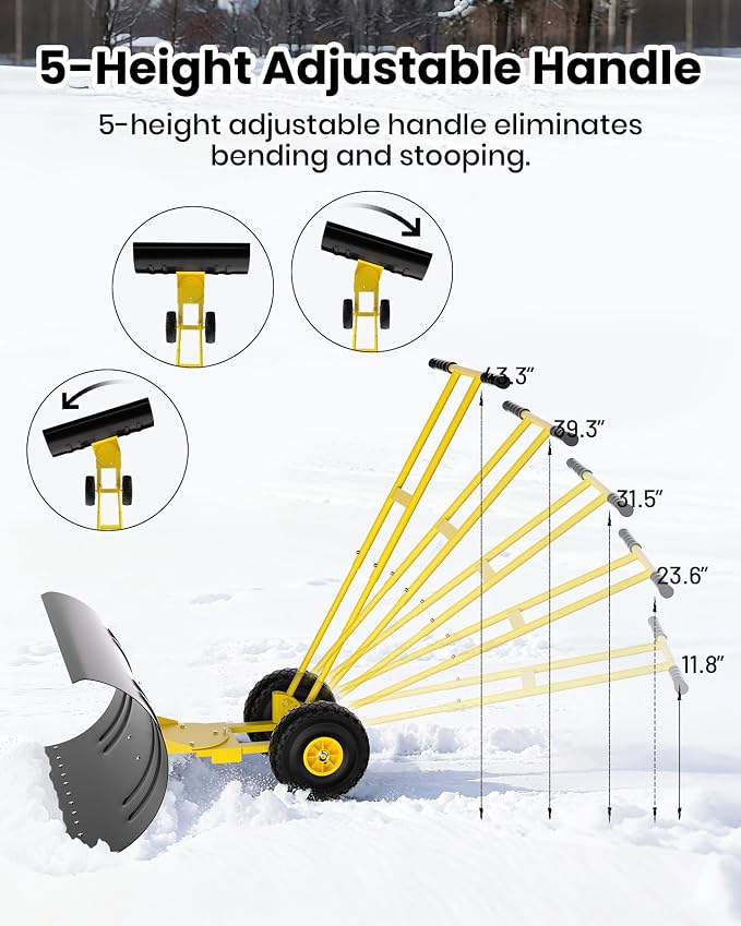GarveeLife 29.5" Wide Heavy Duty Snow Pusher with Wheels for Driveway, Steel Blade, 7-Position Adjustable Angle, 60° Tilt Handle, Ergonomic Push Snow Shovel with Ground Protection - Image 3