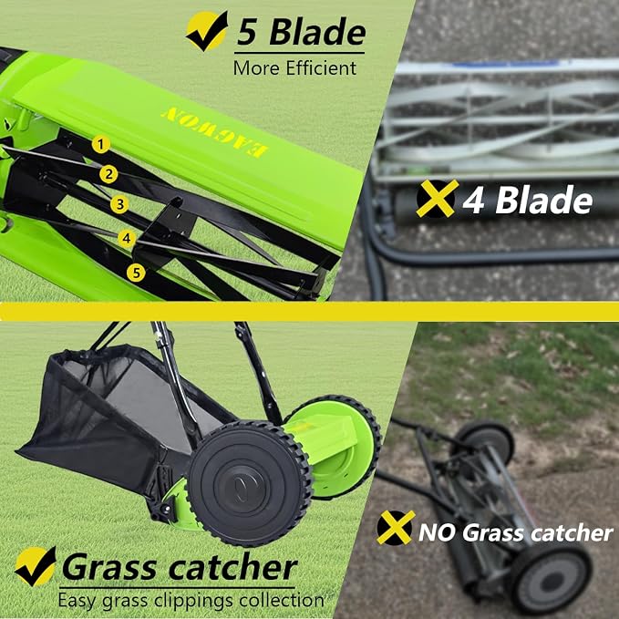 14-Inch 5-Blade Manual Push Reel Lawn Mower Cordless, with Removable Grass Catcher Bag & Adjustable Cutting Height, for Yard & Garden Grass Cutting - Image 4