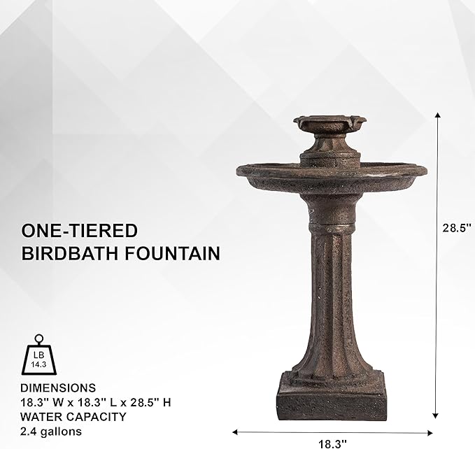 XBrand 28" 1-Tier Outdoor Bird Bath Water Fountain, Resin Fountain with Auto Shut-Off Pump, Brown