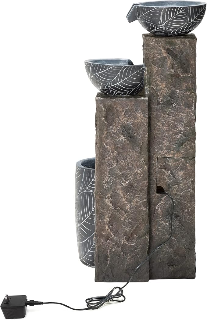 Glitzhome 32.75" H Outdoor Garden Water Fountain with LED Lights and Pump, Natural Leaf Textured 4-Tier Resin Cascading Floor-Standing Fountain for Porch Deck Patio Backyard Decoration