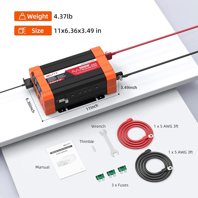 BELTTT 1000Watt Pure Sine Wave Inverter 12V DC to 120V AC for RV, Truck, Off-Grid, Solar Inverter 12V to 110V Converter with Dual AC Socket and 5V 2.1A USB, Power Inverter, Intelligent LCD, 2000W Peak - Image 6