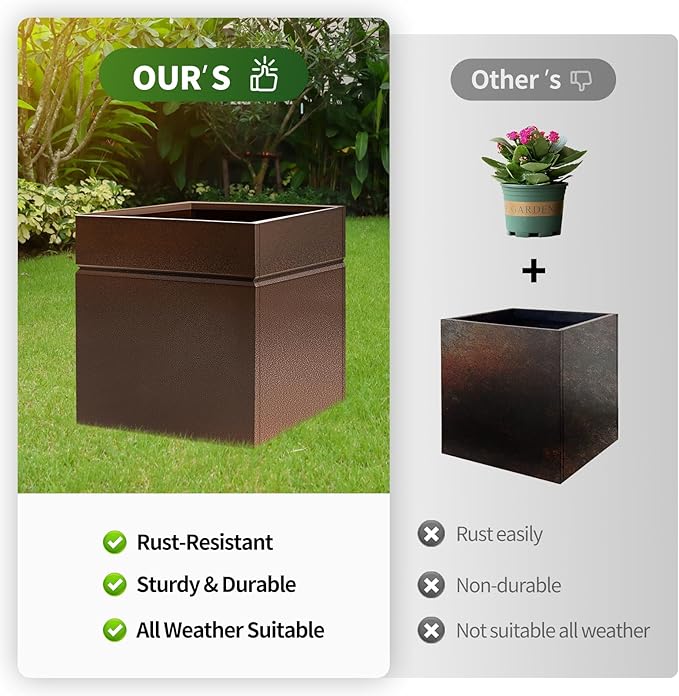 Matel Planter Box 20" L x 20" W x 21" H, Cube Heavy Duty Powder Coating Steel Planters with Drainage Hole, Indoor Outdoor All-Weather Use for Home, Porch, Patio, Garden(Bronze)