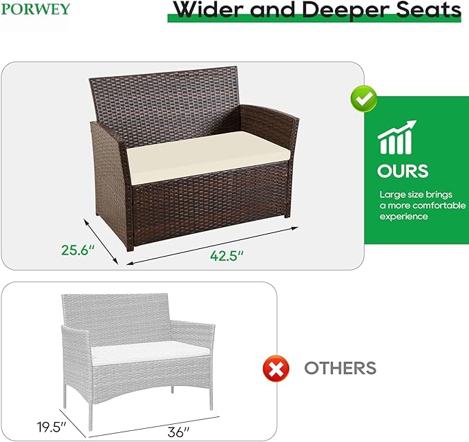 Patio Outdoor Furniture 4 Pieces Sectional Sofa Set Balcony Furniture Wicker Rattan Chairs with Table and Loveseat for Garden, Porch, Backyard, Brown Wicker/Beige Cushion