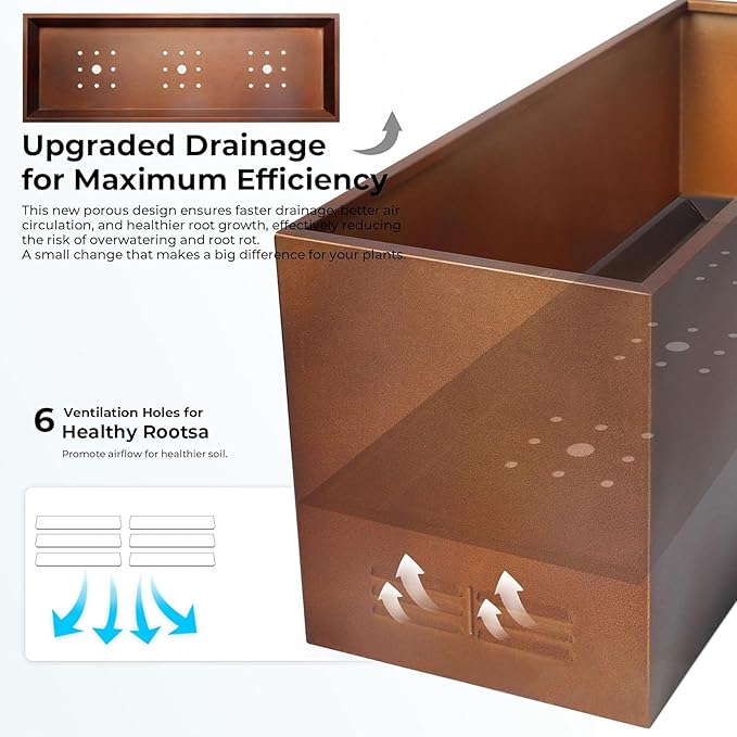 Worth Metal Planter Box with Insert Plate & Drain Holes, Indoor or Outdoor Use, No Assembly Required, 30" x 11" x 13", 14.3 Gallons, Matte Bronze