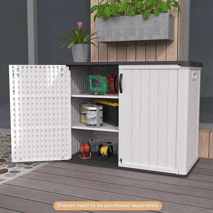 Patiowell 26 Cu.ft Plastic Outdoor Storage Cabinet, Lockable Waterproof Horizotal Storage Shed, Tool Box for Patio, Garden Tools, Garbage Cans, Pool Supplies, Easy Assembly, White(Not Include Shelves) - Image 3