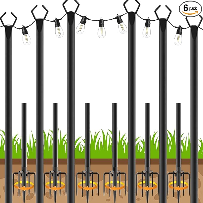 6 Pack String Light Poles, Outdoor String Light Pole 10 ft Forked Metal Light Pole with Adjustable Outdoor Light Stand, Deck, Backyard, Garden, Wedding, Rustproof and Sturdy with Hooks.