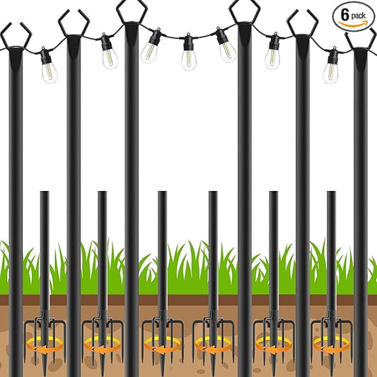 6 Pack String Light Poles, Outdoor String Light Pole 10 ft Forked Metal Light Pole with Adjustable Outdoor Light Stand, Deck, Backyard, Garden, Wedding, Rustproof and Sturdy with Hooks.