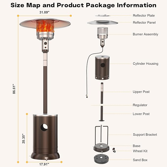 50,000 BTU Patio Heater - Propane Patio Heater with Sand Box, Double-Layer Stainless Steel Burner, Round Table Design Space Heater, Outdoor Heaters with Wheels for Garden and Patio, Brown